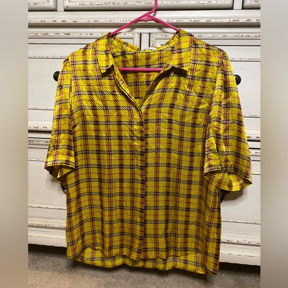 Bimba & Lola 100% silk mustard yellow plaid button up shirt (S-M)